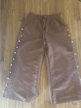 Women’s Brown Quilted Pajama Pants with Side Buttons